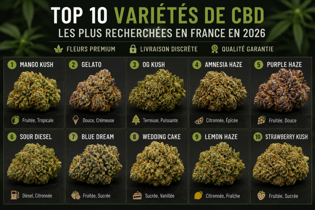 Le marché du CBD en France continue de se développer rapidement avec une demande croissante pour des fleurs premium riches en arômes et cultivées avec soin. Les consommateurs recherchent aujourd’hui des variétés modernes offrant une excellente qualité, des profils terpéniques riches et une expérience premium. En 2026, plusieurs variétés dominent les recherches grâce à leurs saveurs uniques, leur apparence et leur popularité auprès des amateurs de CBD. Dans cet article, découvrez le Top 10 variétés de CBD les plus recherchées en France en 2026 ainsi que les tendances qui influencent le marché du CBD premium. Pourquoi les Variétés CBD Premium sont-elles si Populaires ? Les consommateurs français recherchent principalement : des fleurs premium, des arômes naturels, des saveurs riches, des cultures indoor de qualité, et une expérience haut de gamme. Les variétés CBD modernes sont appréciées pour : leur apparence résineuse, leurs terpènes, leur fraîcheur, et leurs profils aromatiques variés. Les boutiques premium mettent également l’accent sur : les cultures indoor, les fleurs greenhouse, et les produits soigneusement sélectionnés. 1. Mango Kush CBD La Mango Kush CBD reste l’une des variétés les plus populaires en France grâce à ses arômes fruités et tropicaux. Pourquoi elle est populaire : saveurs mangue et agrumes, arômes sucrés, fleurs compactes, expérience premium. Les amateurs apprécient particulièrement son profil exotique et son apparence résineuse. 2. Gelato CBD La Gelato CBD continue d’attirer les consommateurs premium grâce à ses notes crémeuses et sucrées. Points forts : arômes gourmands, saveurs douces, qualité indoor premium, fleurs riches en terpènes. Elle fait partie des variétés les plus recherchées dans les boutiques CBD françaises. 3. OG Kush CBD L’OG Kush CBD reste une référence incontournable dans l’univers du cannabis premium. Pourquoi elle domine encore : arômes terreux et puissants, profil aromatique complexe, fleurs denses, popularité internationale. Cette variété continue de séduire les amateurs recherchant une expérience classique et premium. 4. Amnesia Haze CBD L’Amnesia Haze CBD est connue pour ses saveurs citronnées et son profil aromatique intense. Les consommateurs apprécient : ses notes fruitées, son parfum citronné, ses fleurs premium indoor, et sa fraîcheur. Elle reste l’une des variétés CBD les plus populaires en France en 2026. 5. Purple Haze CBD La Purple Haze CBD attire particulièrement les amateurs de fleurs premium grâce à ses couleurs uniques et ses saveurs douces. Ses avantages : fleurs violettes attractives, arômes fruités, expérience premium, forte popularité visuelle. Les boutiques premium mettent souvent cette variété en avant pour son esthétique haut de gamme. 6. Sour Diesel CBD La Sour Diesel CBD reste très recherchée grâce à son profil aromatique puissant et distinctif. Pourquoi elle plaît : notes diesel et citronnées, saveurs intenses, fleurs riches en terpènes, expérience moderne. Elle attire particulièrement les consommateurs recherchant des arômes plus puissants. 7. Blue Dream CBD La Blue Dream CBD continue de gagner en popularité sur le marché français. Les consommateurs aiment : ses notes fruitées, ses saveurs équilibrées, son apparence premium, et son profil aromatique moderne. Cette variété est devenue incontournable dans les boutiques CBD premium. 8. Wedding Cake CBD La Wedding Cake CBD fait partie des variétés les plus tendances en 2026. Ses caractéristiques : saveurs sucrées et vanillées, fleurs compactes, arômes gourmands, qualité premium. Elle séduit particulièrement les consommateurs recherchant des profils aromatiques modernes. 9. Lemon Haze CBD La Lemon Haze CBD attire les amateurs de saveurs fraîches et citronnées. Pourquoi elle est populaire : arômes agrumes, fleurs résineuses, culture indoor premium, fraîcheur naturelle. Cette variété reste très demandée dans les grandes villes françaises. 10. Strawberry Kush CBD La Strawberry Kush CBD clôture ce classement des variétés les plus recherchées. Les consommateurs apprécient : ses saveurs fruitées, son parfum sucré, son apparence premium, et son profil moderne. Elle continue de gagner en visibilité dans les boutiques spécialisées. Les Tendances CBD en France en 2026 Le marché français du CBD évolue rapidement avec plusieurs tendances majeures : forte demande pour les fleurs indoor premium, intérêt croissant pour les variétés riches en terpènes, popularité des saveurs fruitées, et recherche de produits premium. Les consommateurs recherchent également : livraison rapide, emballages discrets, et expérience utilisateur moderne. Indoor, Greenhouse ou Outdoor ? Les consommateurs premium privilégient souvent les fleurs indoor grâce à : leur densité, leurs arômes plus riches, leur apparence soignée, et leur qualité supérieure. Les fleurs greenhouse restent également populaires pour leur excellent rapport qualité-prix. Pourquoi les Variétés Premium Dominent le Marché Les consommateurs français recherchent aujourd’hui des produits offrant : meilleure qualité, saveurs naturelles, fleurs résineuses, packaging premium, et expérience moderne. Les boutiques spécialisées investissent donc dans : des cultures premium, des sélections haut de gamme, et des produits plus sophistiqués. Livraison Discrète et Achat en Ligne Les boutiques CBD premium proposent désormais : livraison rapide, colis discrets, paiements sécurisés, et service client réactif. Les consommateurs à Paris, Marseille, Lyon, Toulouse, Nice, Strasbourg et Bordeaux privilégient souvent les commandes en ligne pour leur simplicité et leur confidentialité. Comment Choisir une Variété CBD Premium ? Pour choisir une fleur CBD premium, les consommateurs regardent généralement : les arômes, l’apparence, la fraîcheur, la densité des fleurs, les terpènes, et la qualité globale. Les boutiques premium mettent également en avant : la culture indoor, les profils aromatiques, et les variétés populaires. Le Futur du Marché CBD Français Le marché du CBD premium continuera probablement à évoluer vers : plus de variétés exotiques, des produits plus haut de gamme, des cultures premium, et une expérience client plus moderne. Les consommateurs recherchent désormais des produits lifestyle associés à : qualité, discrétion, design, et expérience utilisateur. Conclusion Le Top 10 variétés de CBD les plus recherchées en France en 2026 montre clairement l’évolution du marché vers des produits plus premium et plus sophistiqués. Des variétés comme Mango Kush, Gelato, OG Kush ou Purple Haze continuent de dominer grâce à leurs arômes riches, leur qualité premium et leur forte popularité auprès des consommateurs français. Avec la croissance continue du marché CBD en France, les consommateurs recherchent désormais des fleurs modernes offrant qualité, saveurs premium et expérience haut de gamme.